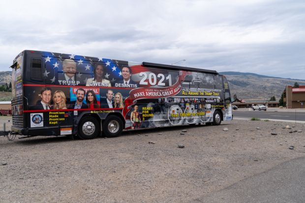 Cody, Wyoming - July 5, 2021 Donald Trump Train Make America Great Again bus parked in a parking lot for a Republican Party Trump Rally