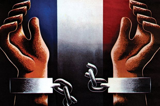 Hands breaking chains in front of French flag