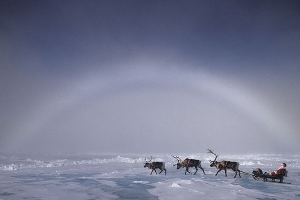 Santa pulled by reindeer under an ice bow, ice crystals creating the arctic equivalent of a rainbow