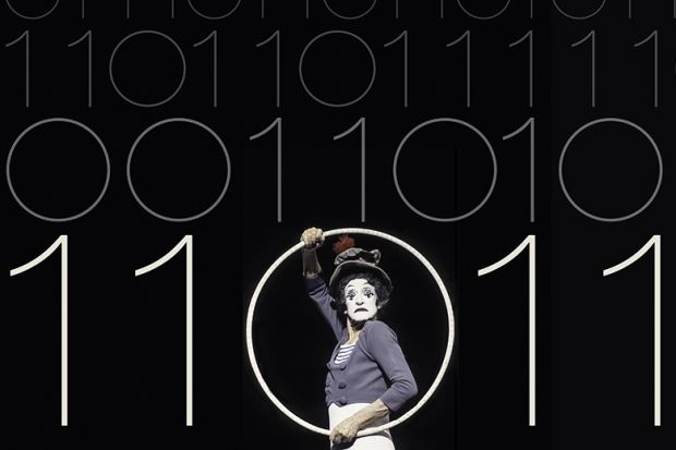 Mime artist Marcel Marceau holding a hoop and surrounded by the figures one and zero, like computer language