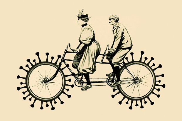 Woman and man on a tandem bike with coronavirus wheels