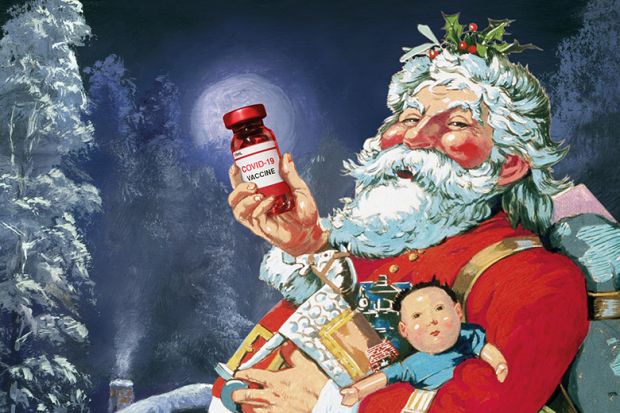 Illustration of Santa with Covid-19 vaccine