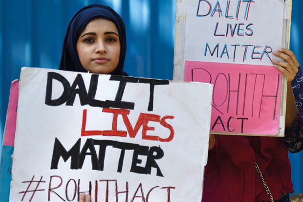 Protest demanding justice for Dalit scholar Rohith Vemula outside Shastri Bhavan in New Delhi, India, 2016 