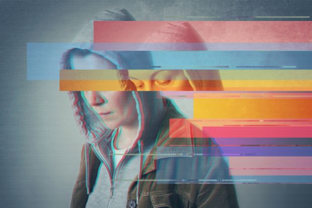 A digital photo of a person with glitches, symbolising digital poverty
