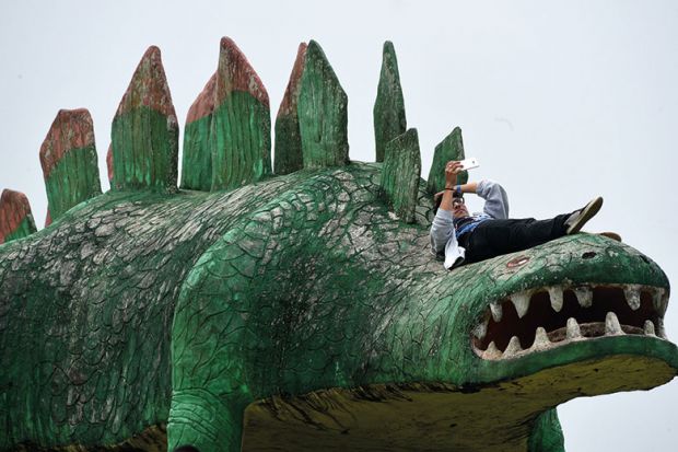 Man on dinosaur sculpture