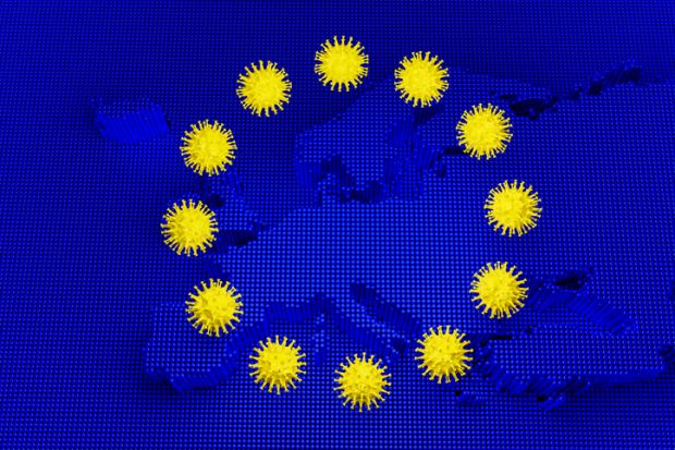 A European flag with the coronavirus replacing the stars