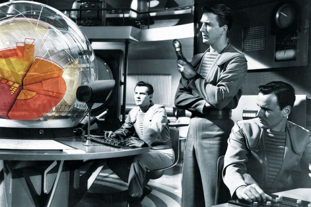 futuristic men looking at a simulation 