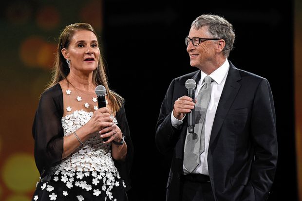 Melinda Gates and Bill Gates on stage during the Robin Hood Foundation’s 2018 benefit in New York City.