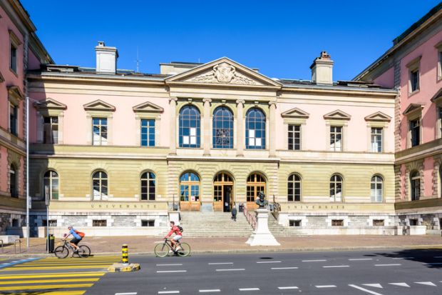 Geneva, Switzerland - September 5, 2020 Street side facade of the Uni Bastions site of the University of Geneva, which hosts the faculty of Protestant Theology and the faculty of Letters.