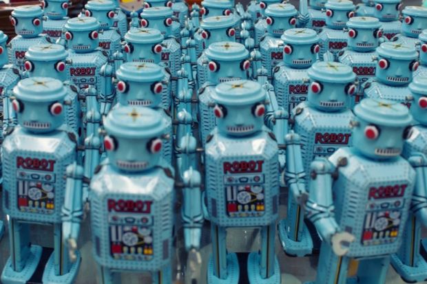 Group of blue robots facing camera