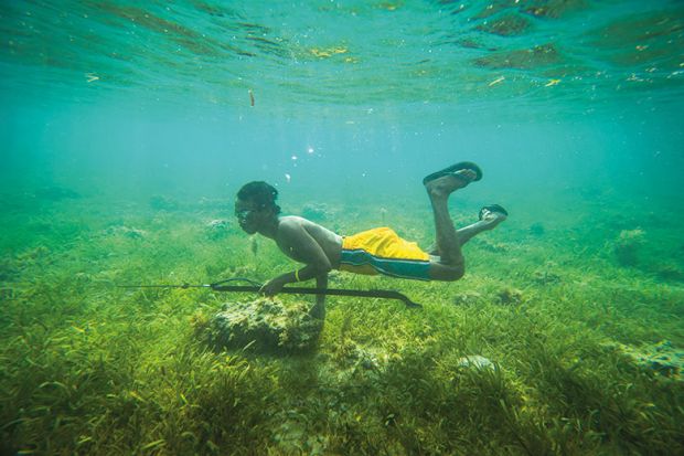 Boy hunting underwater