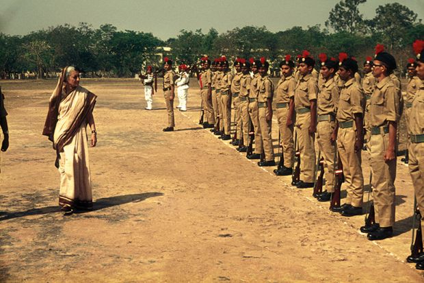 Prime Minister Indira Gandhi inspects the troops in Kolkata, India, in 1976
