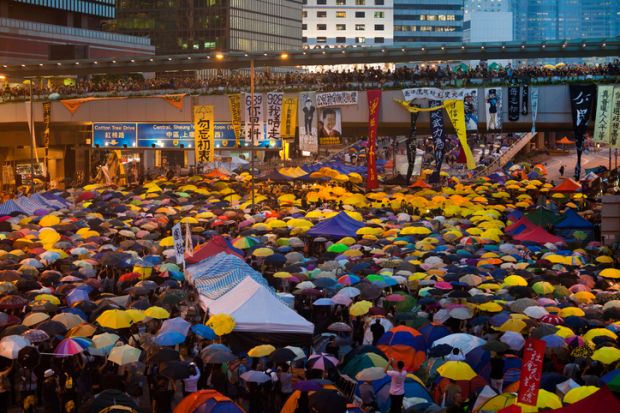 Peaceful umbrella protests during Hong Kong's Occupy Central movement in 2014