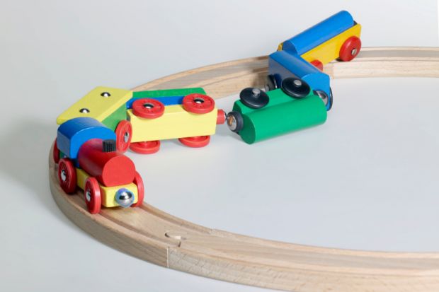Wooden toy train crash