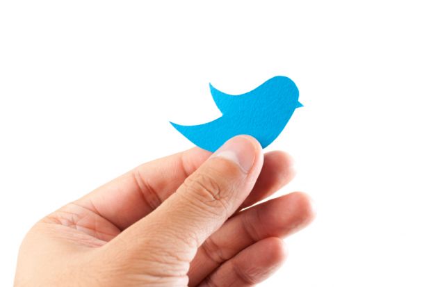 Hand holding blue paper bird in style of Twitter logo