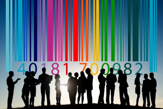 Group of people with multi-coloured barcode