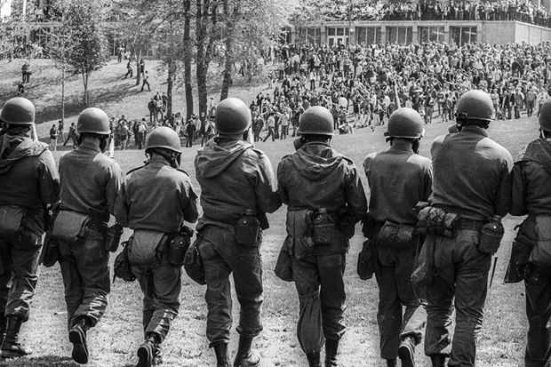 National guardsmen at the Kent State massacre, 1970