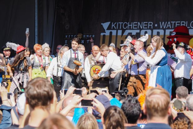 Kitchener, Ontario, Canada - October 7, 2016 Canadian Prime Minister Justin Trudeau prepares to tap the keg to open Oktoberfest.