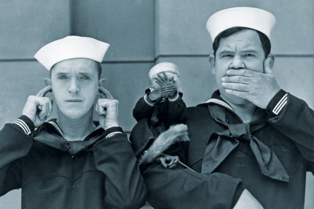 Laurel and Hardy with monkey, see no evil, hear no evil, speak no evil
