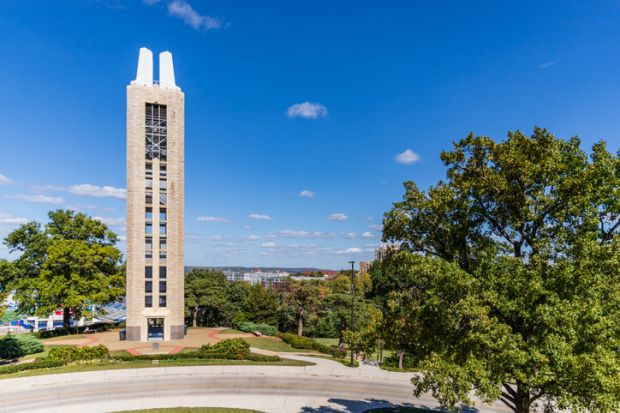 Lawrence, Kansas, USA - October 1, 2020 World War II Memorial Campanile, erected 1950, on the campus of University of Kansas