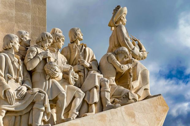 Lisbon, Portugal - November 25th 2023 The Monument of the Discoveries against the blue sky, created by Cottinelli Telmo and the sculptor Leopoldo de Almeida in 1940 for the Portuguese World Exhibition. The monument was reconstructed in 1960 to mark 500 ye