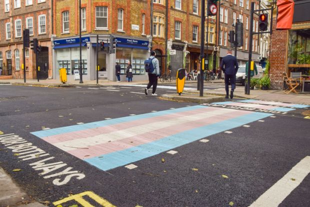 London, UK. November 9 2021. Four new crossings with transgender pride flag colours have been unveiled on Marchmont Street and Tavistock Place in Bloomsbury, in support of the transgender community
