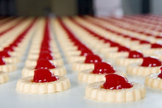 Long rows of jam-filled biscuits
