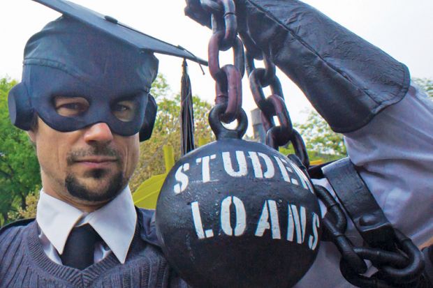 Masked man shackled by 'Student Loans' ball and chain