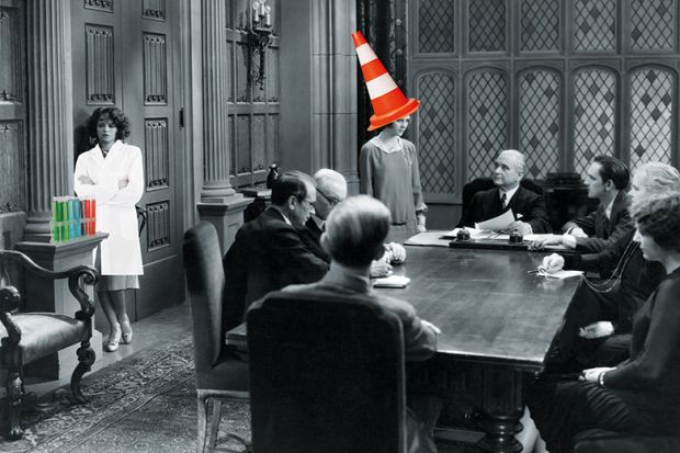 Meeting with traffic cone on head