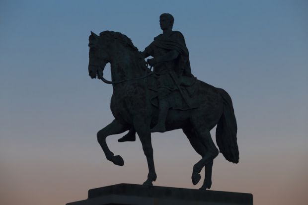 Merida, Spain - February 1st, 2018 Equestrian sculpture made by Eduardo Zancada, depicting the Emperor Augustus, founder of Emerita Augusta colony