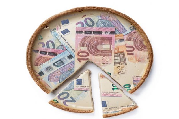 A pie made of Euro notes with cut slices at the bottom