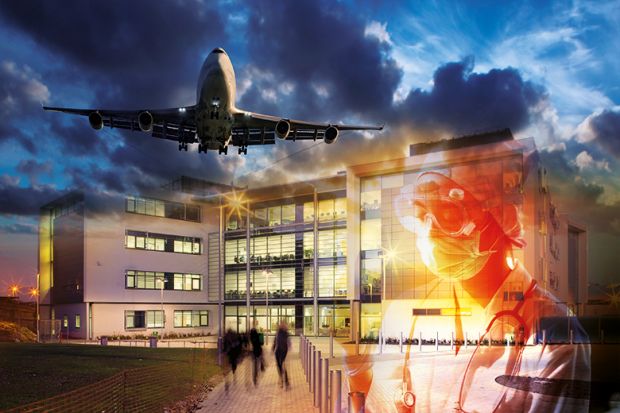 Montage of a college building, aeroplane and scientist as an illustration of the carbon footprint of universities