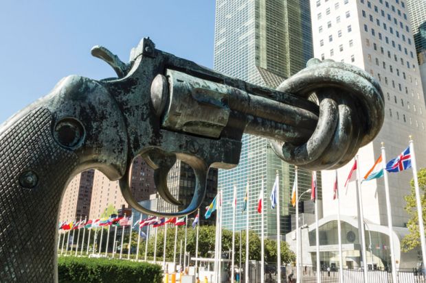 Non-violence sculpture, Carl Fredrik Reuterswärd, United Nations (UN) headquarters, New York City