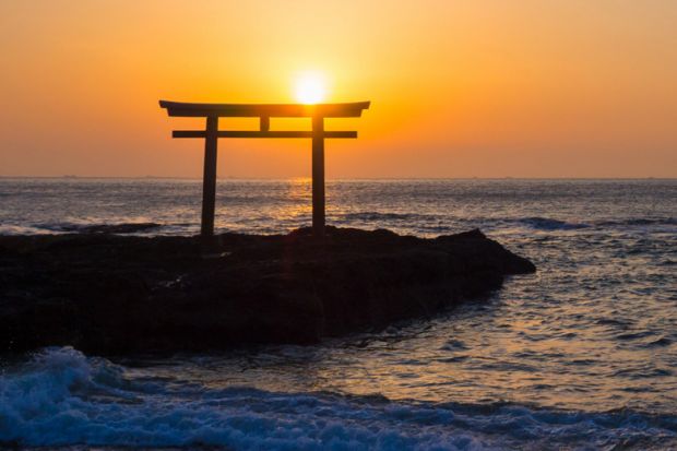 Oarai Isosaki-jinja Shrine at sunrise, Japan