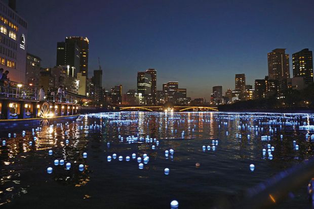 LED lights on the river running through Osaka