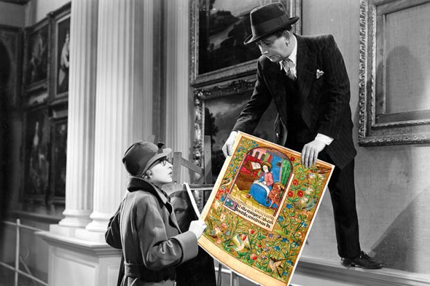 Montage of a scene from the film 'Good Morning Boys' Mark Daly removing the medieval manuscript to illustrate the Plagiarism accusations 