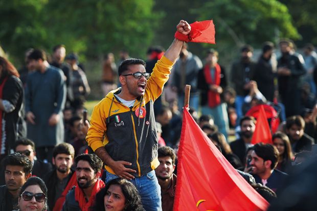 Students shout slogans during a demonstration demanding for reinstatement of student unions, education fee cuts and better education facilities, in Islamabad, Pakistan on November 29, 2019