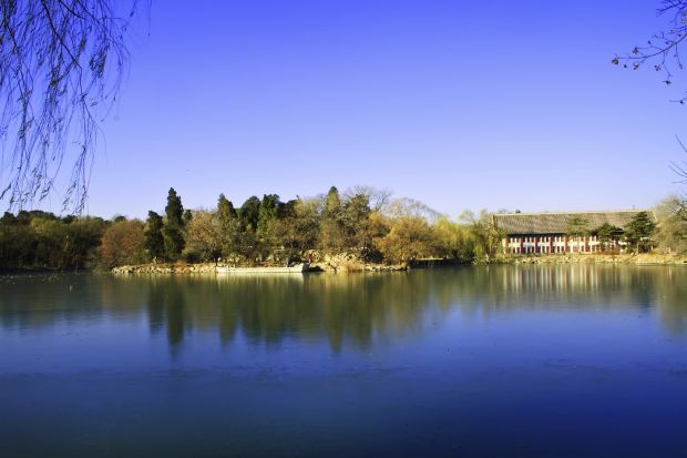 Panoramic landscape of Weiming lake in Peking University
