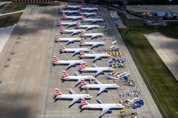 Parked British Airways Airplanes at Gatwick Airport due to COVID19, a mix of Airbus A320s and Airbus A319s.
