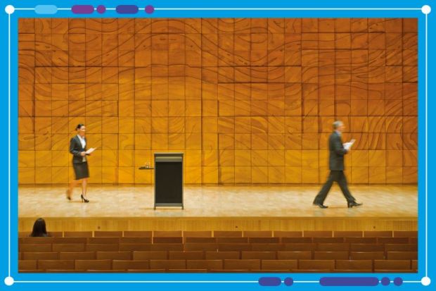 Man leaving stage whilst a woman walks towards lecturn. To illustrate  leadership churn in higher education