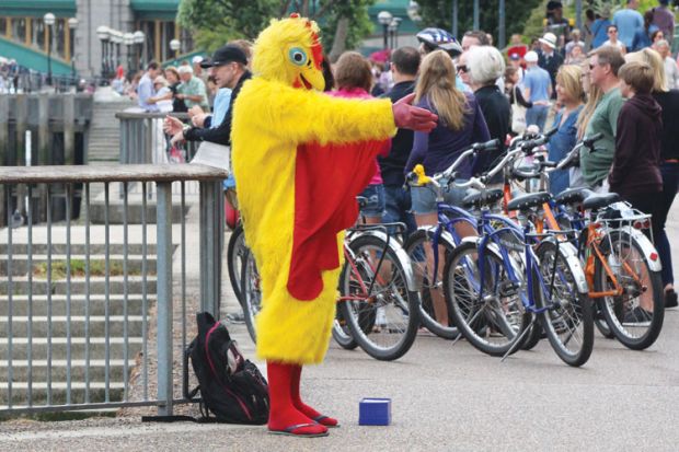Person dressed as chicken, London South Bank