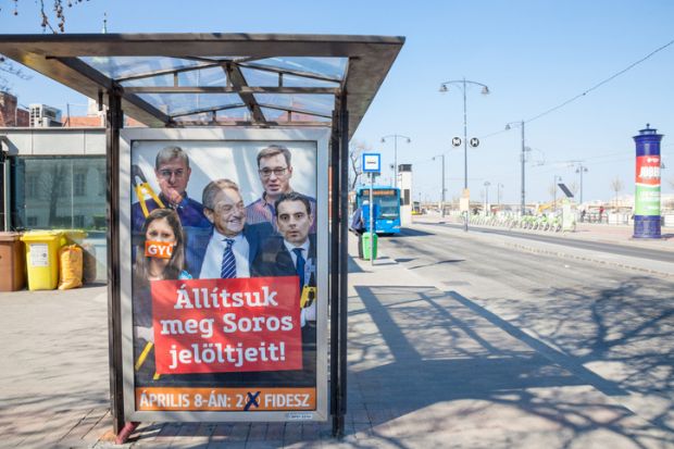 Picture of a billboard from Fidesz, the political party Hungarian PM Viktor Orban against the opposition, accusing it of being friends with billionaire George Soros, during the campaign for the 2018 parliament elections in Hungary