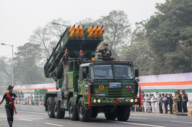 Pinaka multi barrel rocket launcher operators preparing for taking part in the upcoming Indian Republic Day parade at Indira Gandhi Sarani, Kolkata, West Bengal, India on January 2023