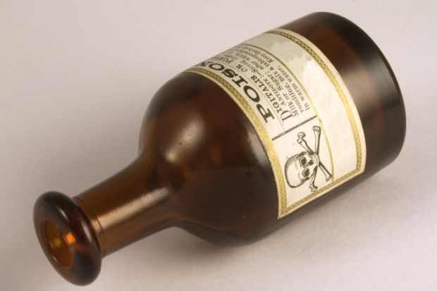 A poison bottle on its side, illustrating an opinion article about academic listservs, SHARP-L