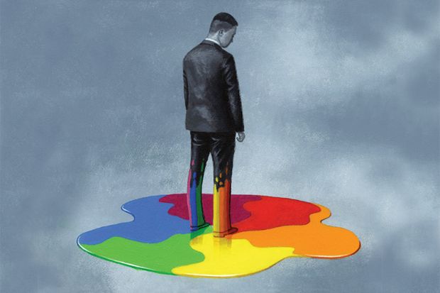 A man in a suit standing in rainbow paint (illustration 21 June 2018)