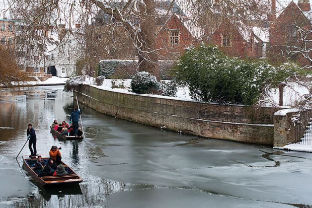 Punting down river in winter