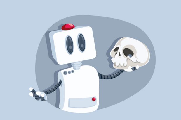 A robot holds a skull like Hamlet, symbolising humanities in the digital era