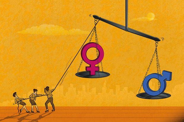 Gender Icons on an unbalanced scale and a group of women try to achieve the balance