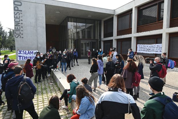 Students demonstrate against islamophobia outside the campus of the Institute of Political Studies (aka Sciences Po) in Saint-Martin-d’Heres, near Grenoble, on 9 March 2021