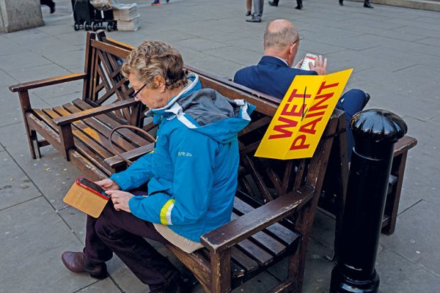 Sitting on wet paint bench